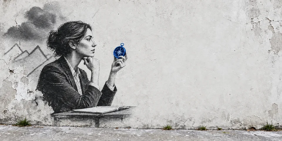 Conceptual mural of an analyst holding a blue compass, with traces of a storm behind her.
