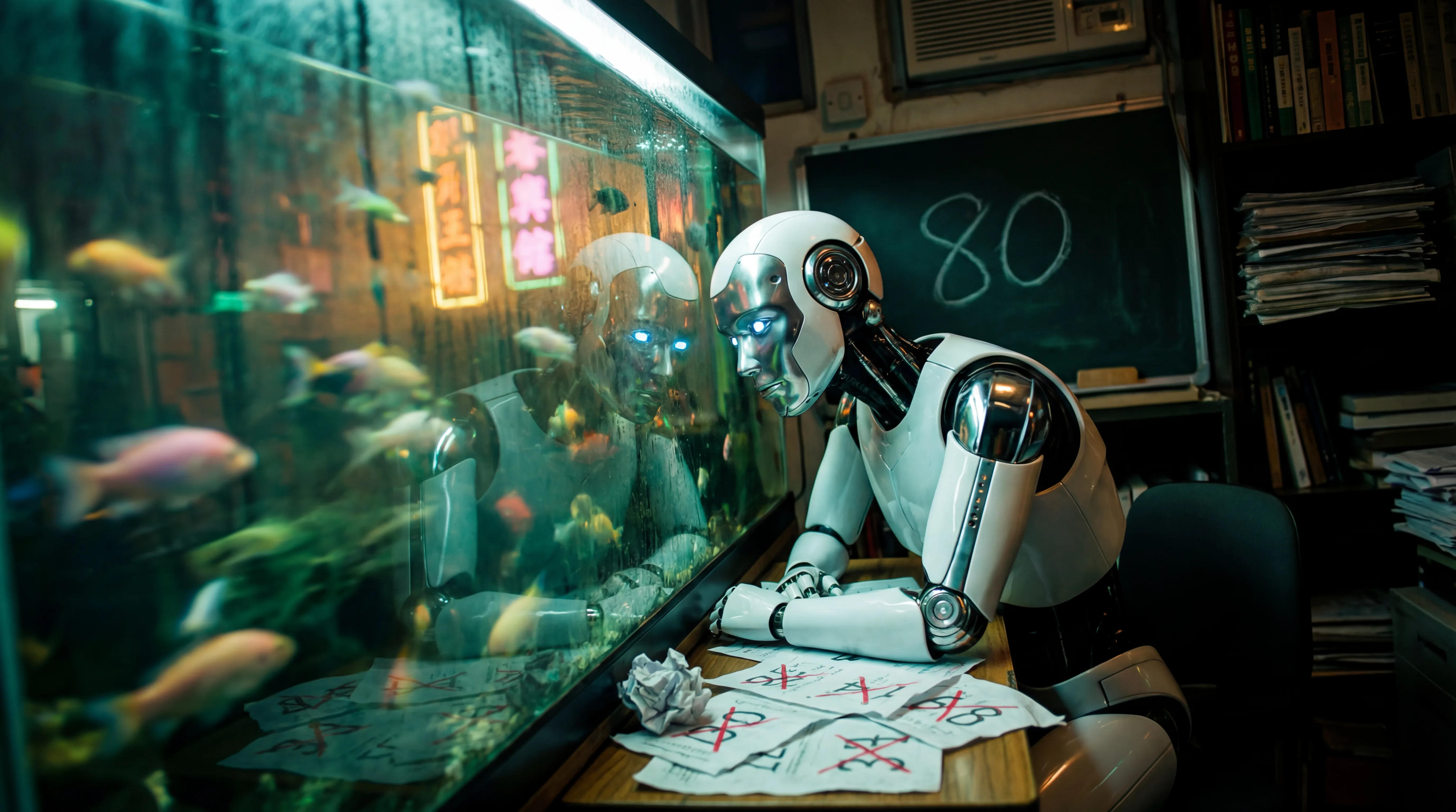 Robot staring into a fish tank marked 80