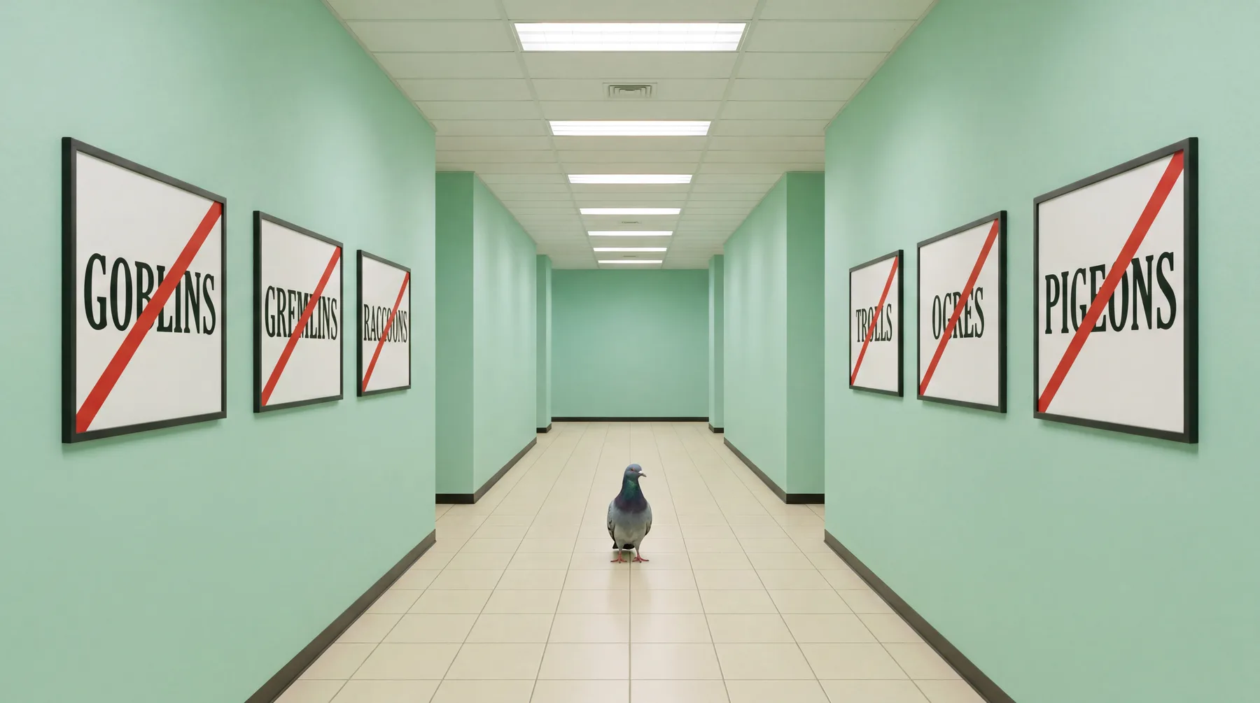 Pigeon in a corridor lined with crossed-out creature signs