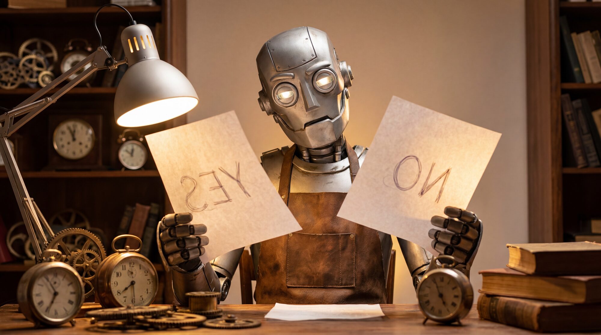 Robot holding YES and NO papers in a workshop